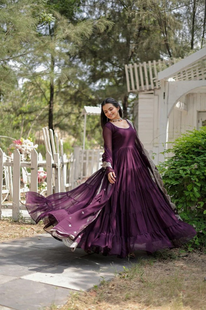 Dark Purple Anarkali Gown with Embroidered Dupatta for Women