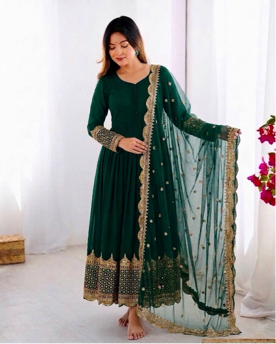 Georgette Anarkali Suit Set with Heavy Scallop Embroidered Border & Dupatta