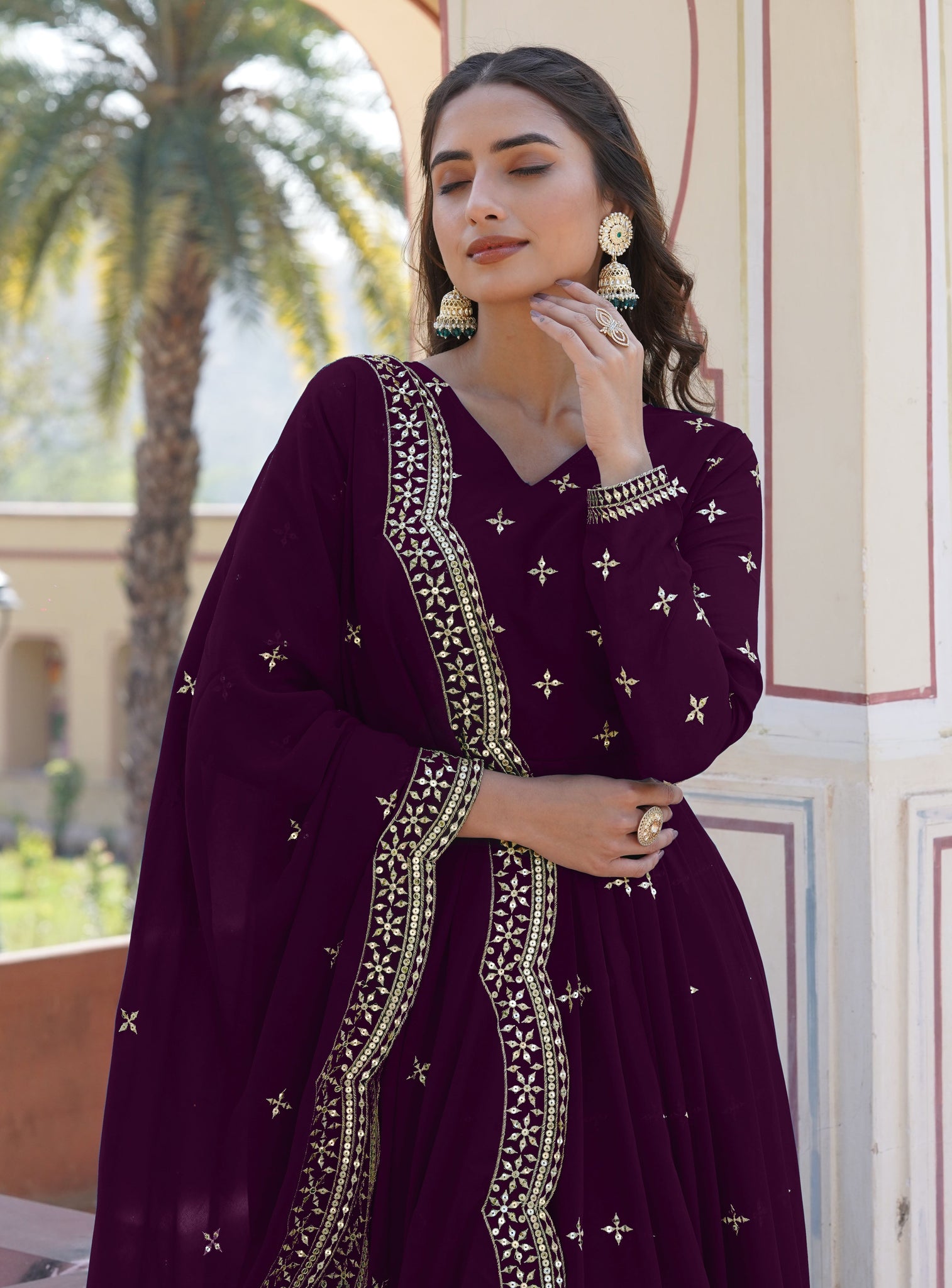 ANARA  Beautiful Designer Georgette Cotton Purple Gown Set