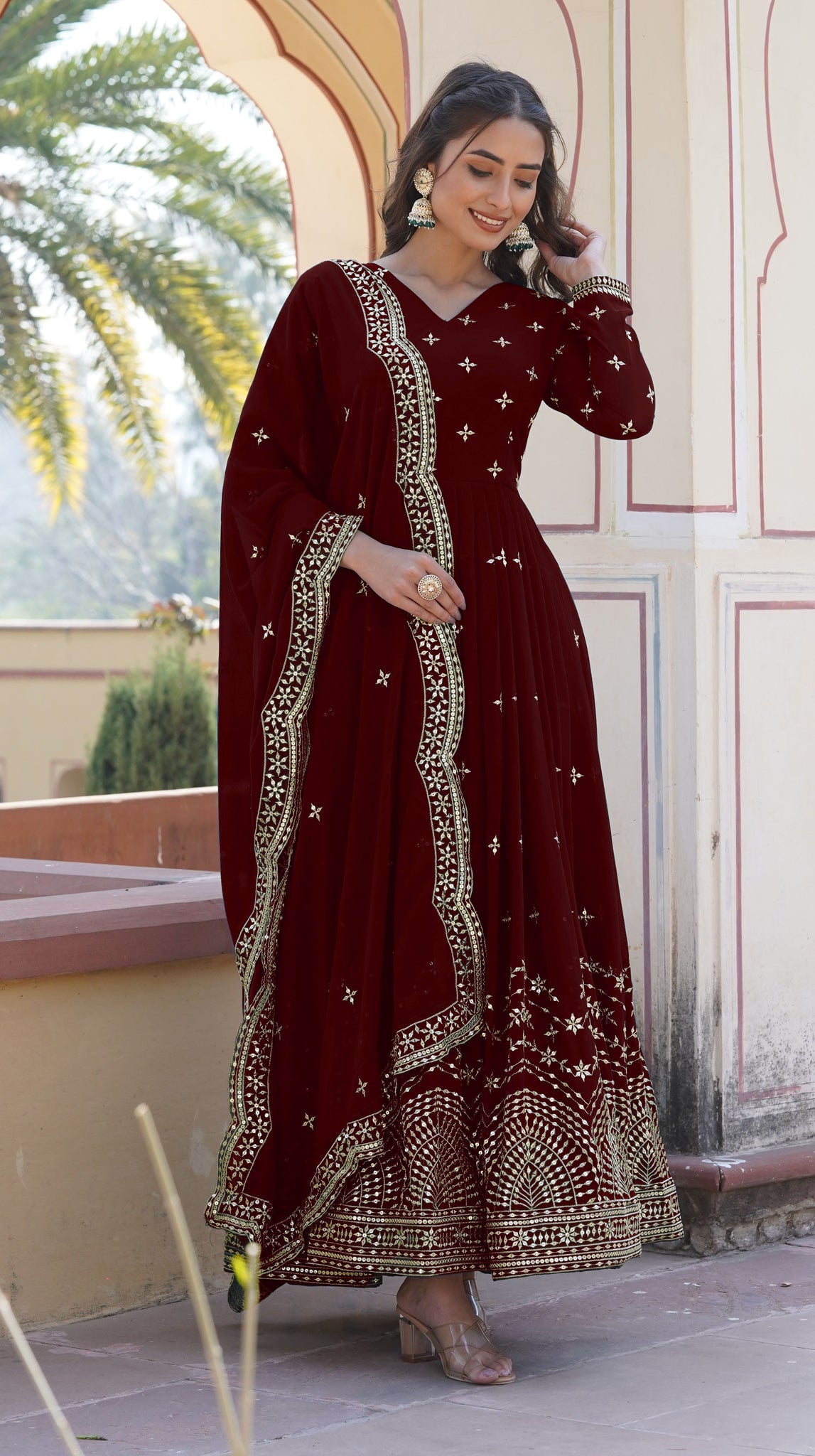 ANARA  Beautiful Designer Georgette Cotton Maroon Gown Set