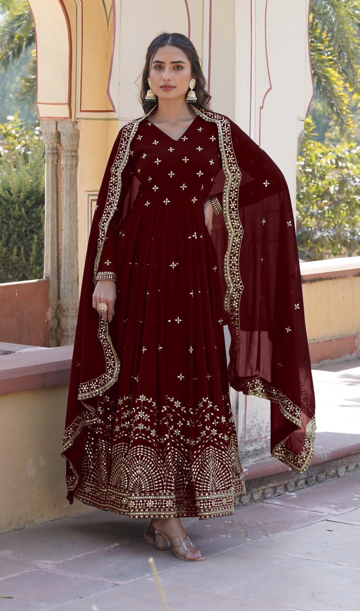 ANARA  Beautiful Designer Georgette Cotton Maroon Gown Set