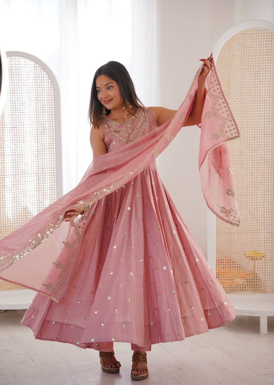 Sleeveless Heavy Yoke Embroidered Anarkali Suit with Cutwork Mirror Border Dupatta Set for Women