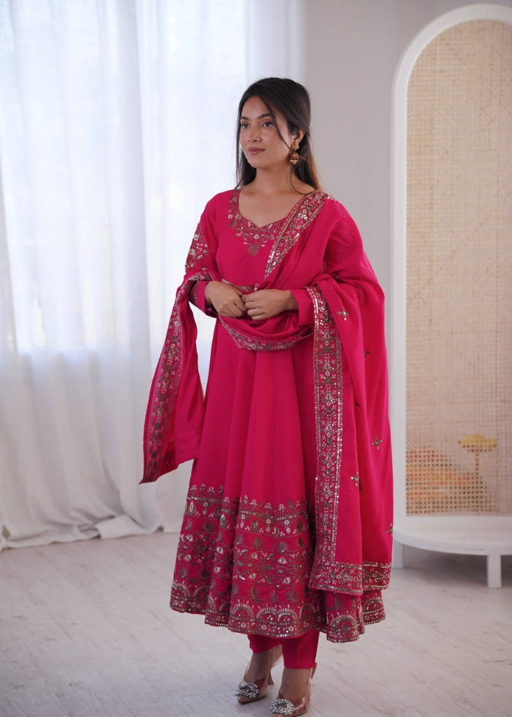 Flared Anarkali Suit Set with Intricate Border Embroidery & Matching Dupatta