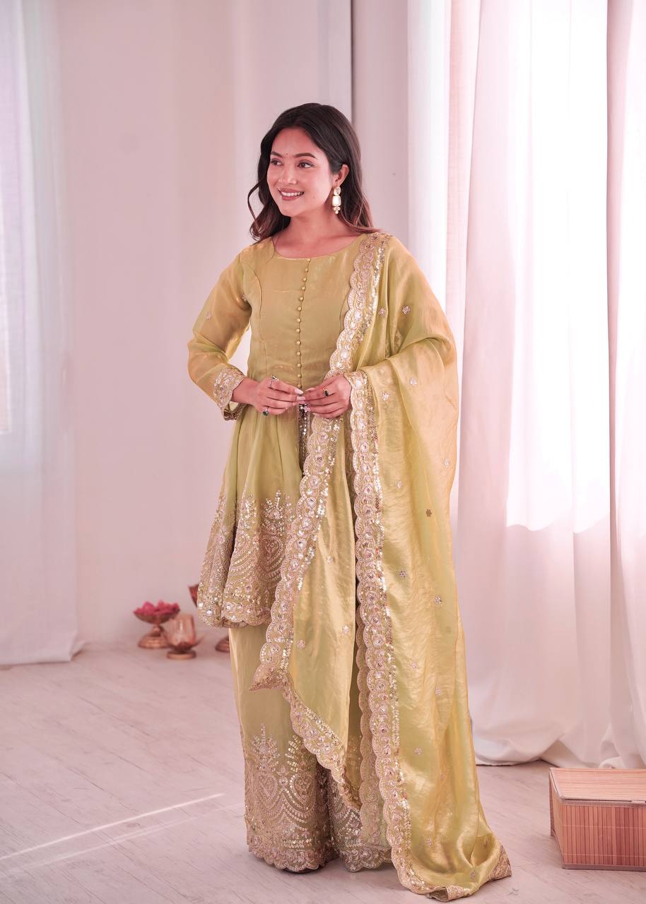 Heavily Embellished Tissue Silk Short Kurta Sharara Set with Organza Dupatta