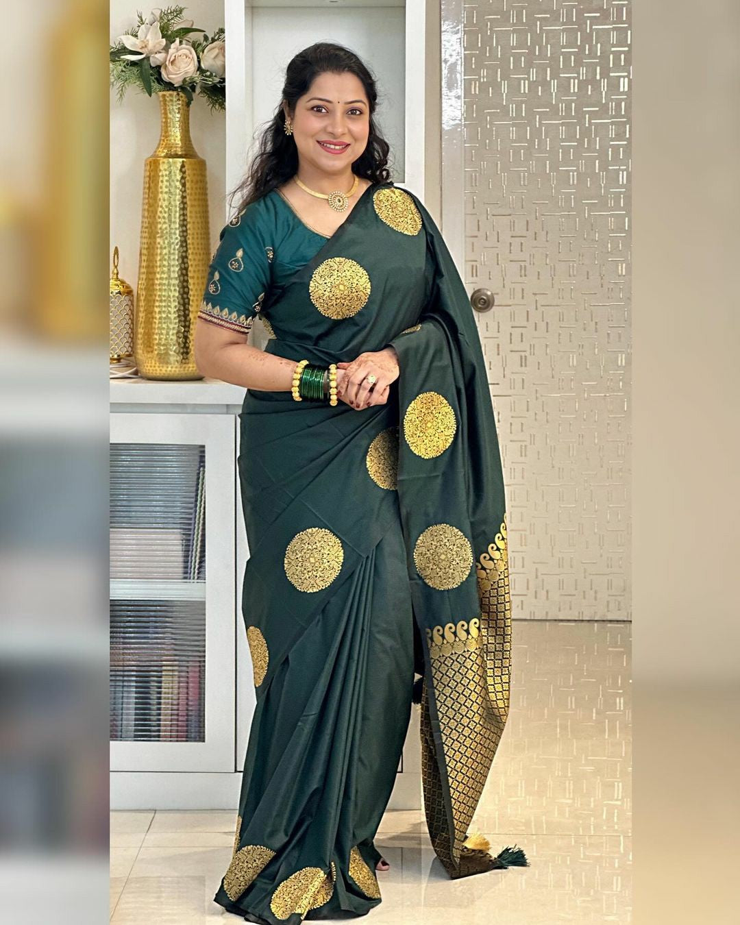 Green Banarasi Silk Saree with Bold Gold Buttas
