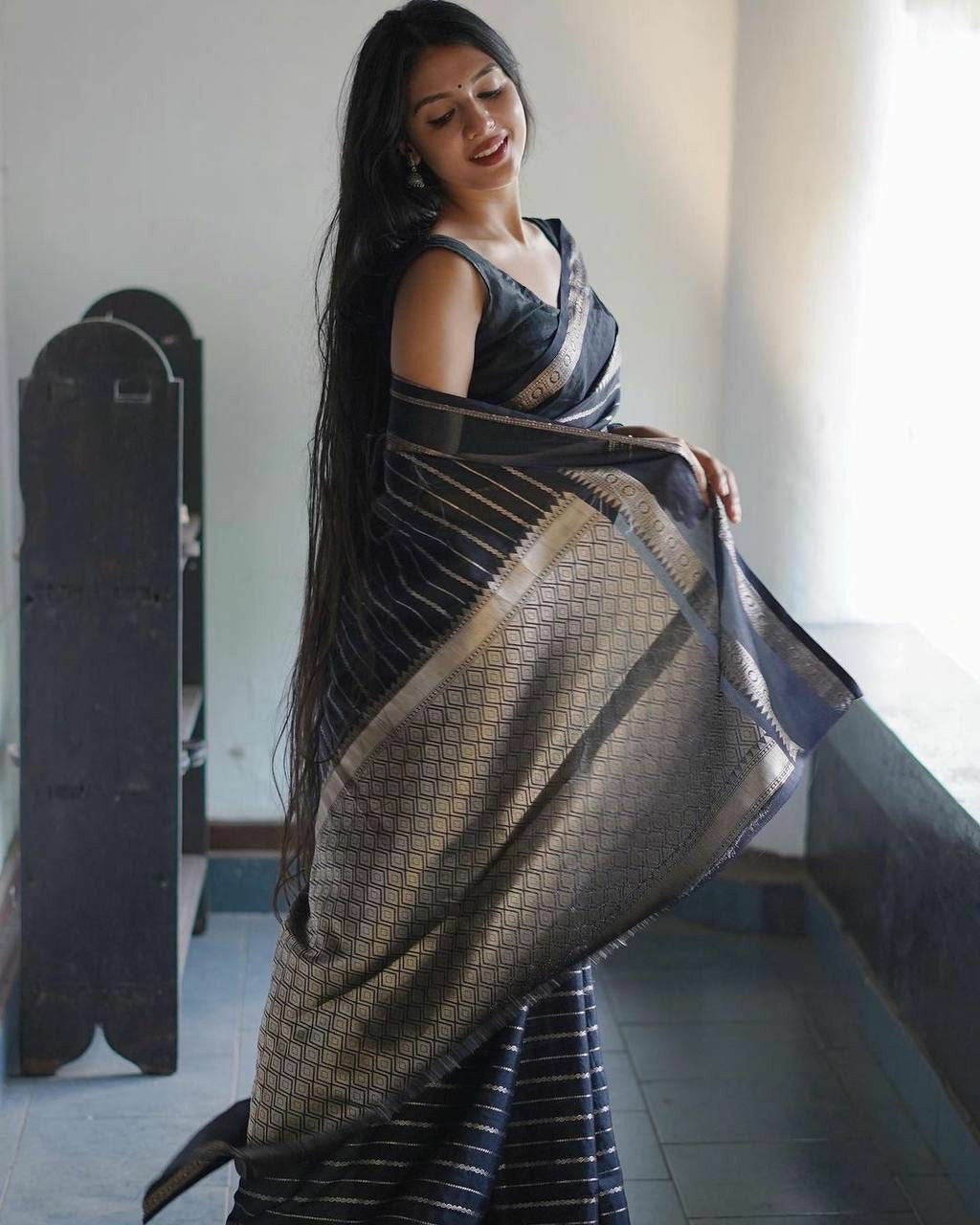 Black Silk Saree with Gold Zari Stripes