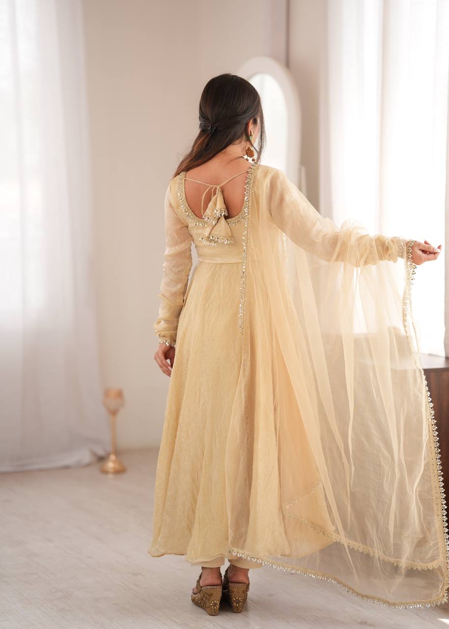 Beige Gold Tissue Silk Anarkali Suit Set with Sheer Dupatta & Pants