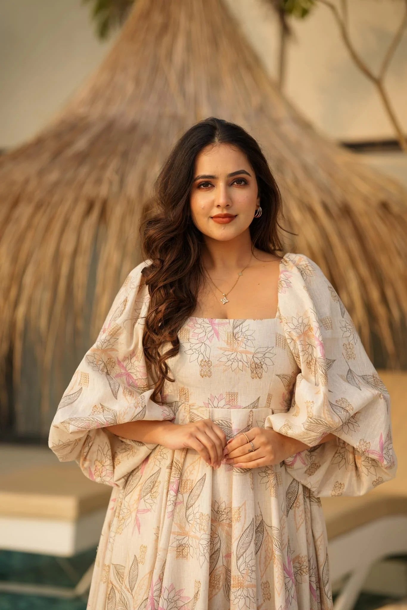 Beige Floral Maxi Dress for Women