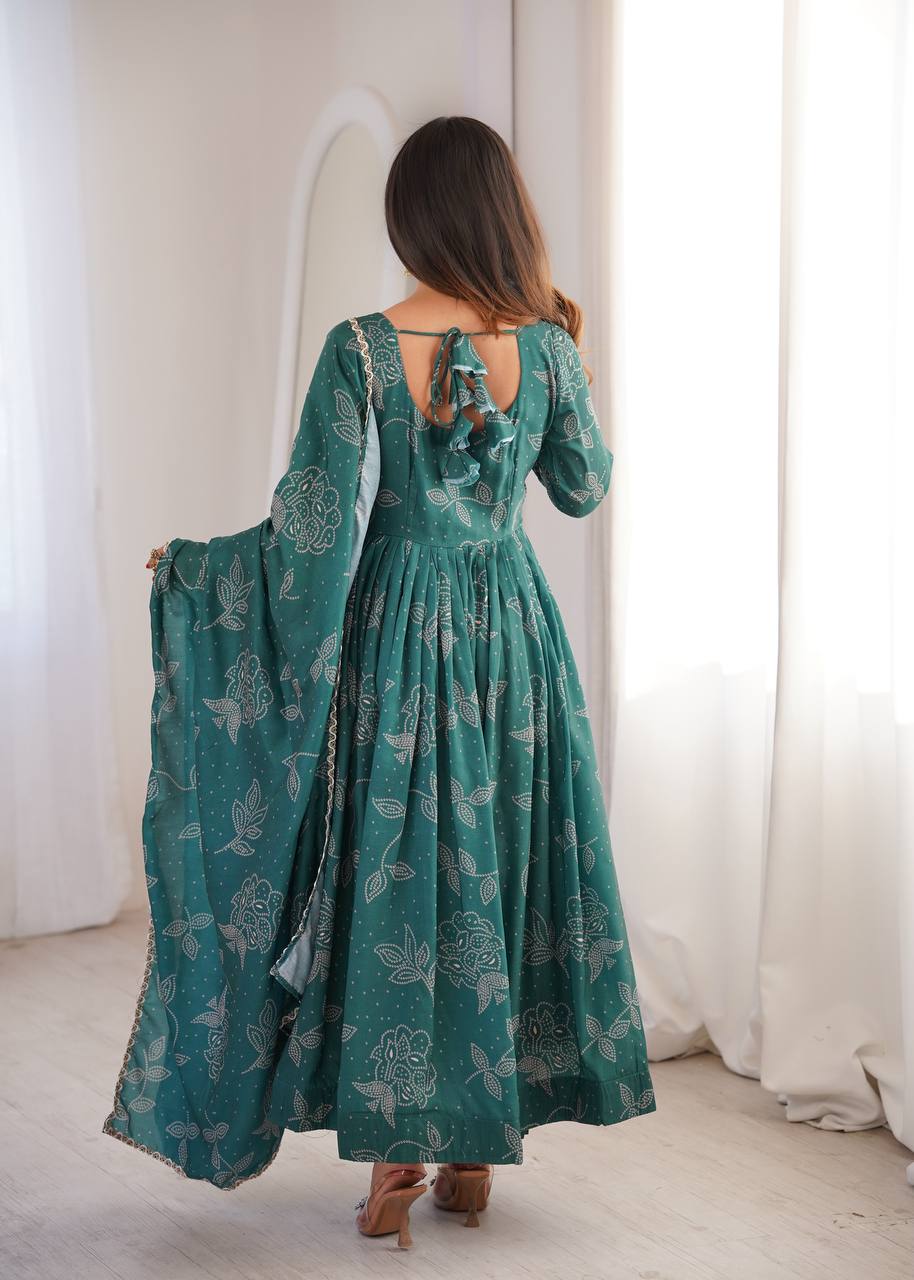 Dark Green Block Printed Anarkali Suit Set with Dupatta