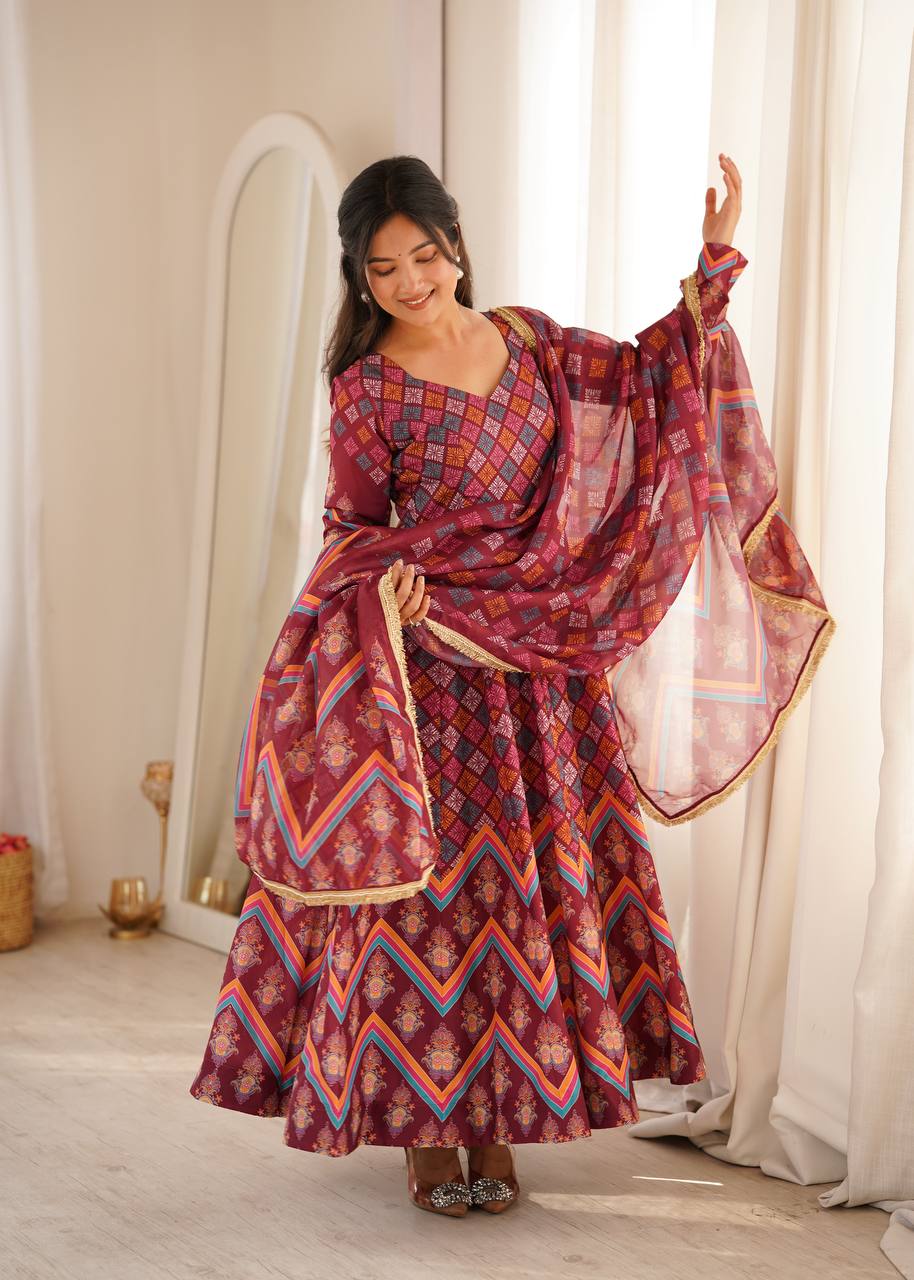 Maroon Geometric Printed Anarkali Suit Set with Dupatta