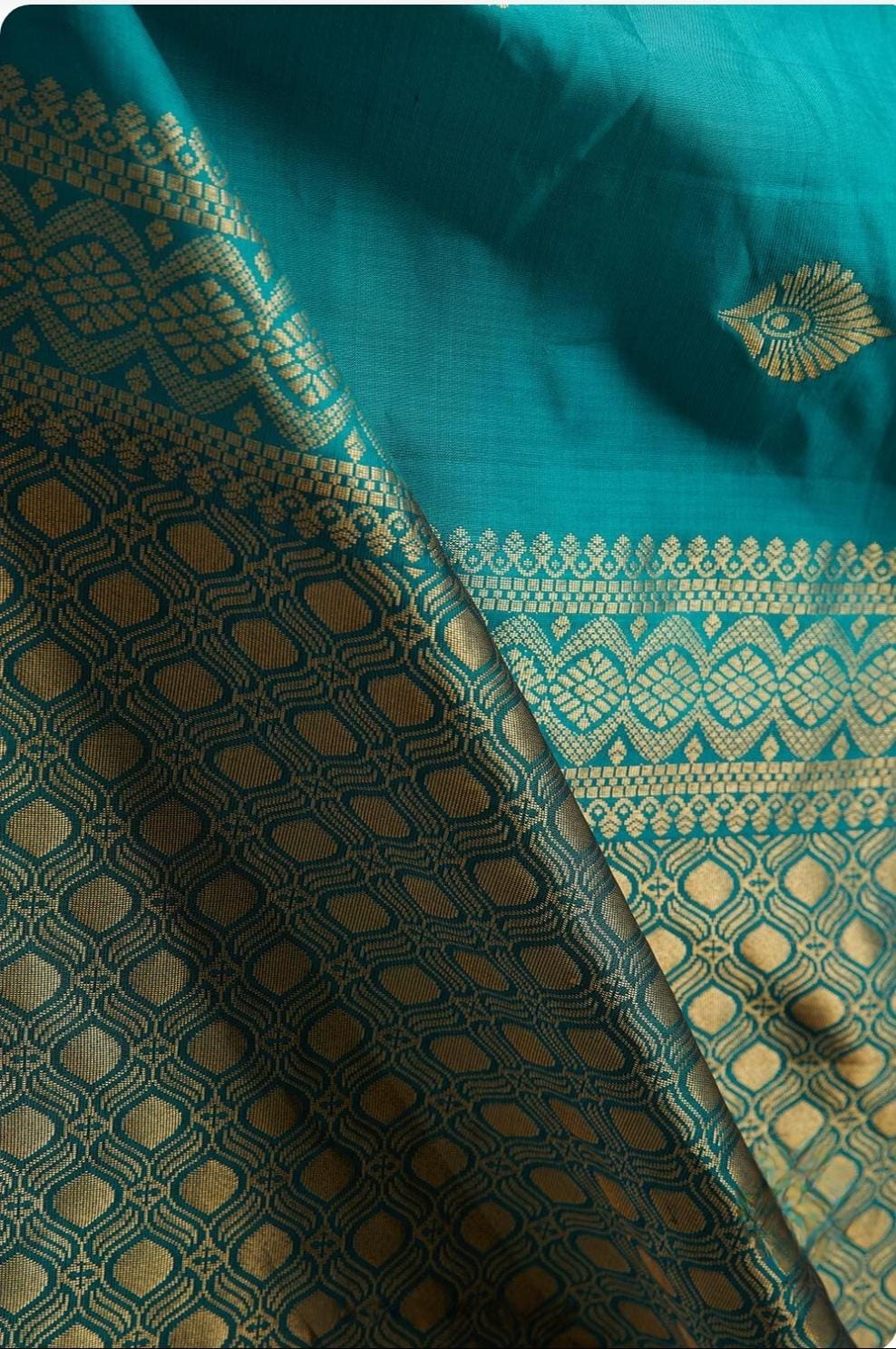 Teal Blue Banarasi Silk Saree with Gold Zari Border