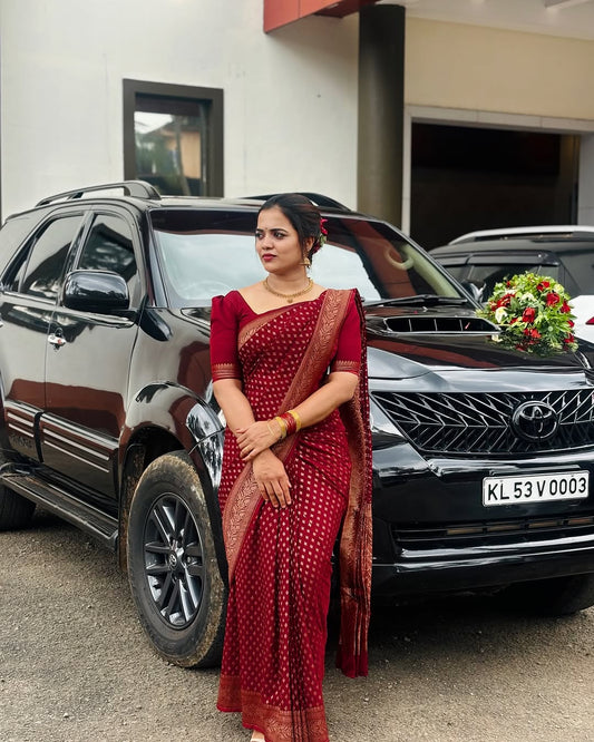 Elegant Maroon Satin Saree – Soft Glam Appeal