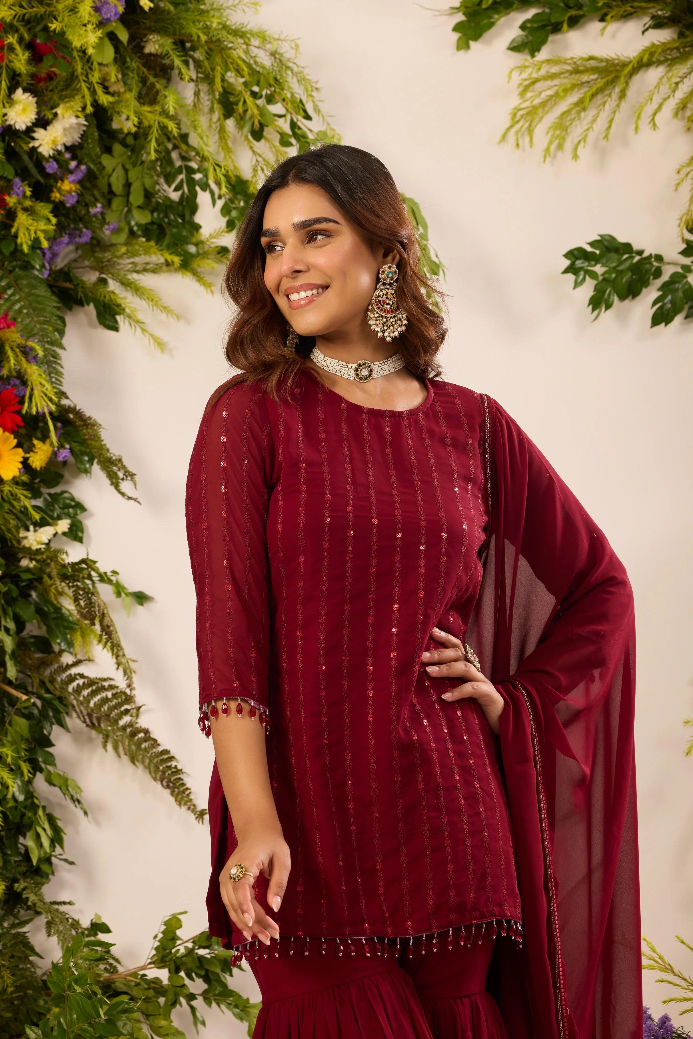 Elegant Maroon Georgette Sequin Embroidery Kurti with Pleated Sharara Pants & Matching Dupatta Set for Women