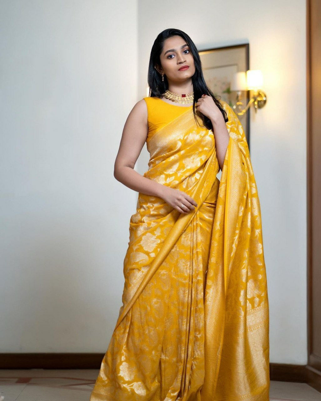 Golden Yellow Banarasi Silk Saree with Zari Work