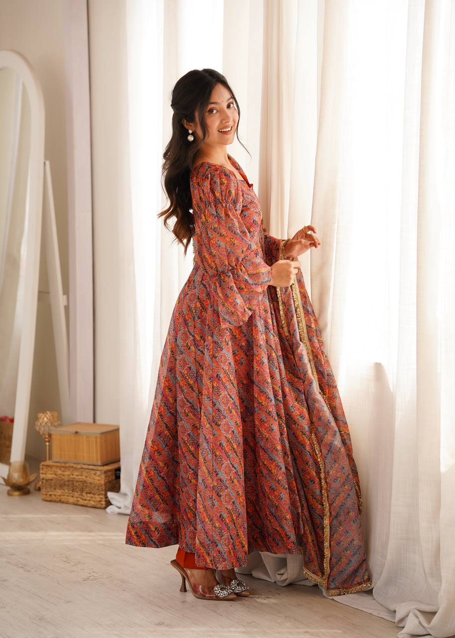 Rust Orange Floral Printed Anarkali Suit Set with Bell Sleeves & Dupatta