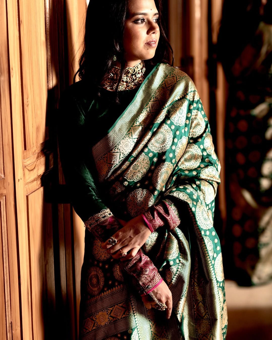 Green Banarasi Silk Saree with Gold Zari Motifs