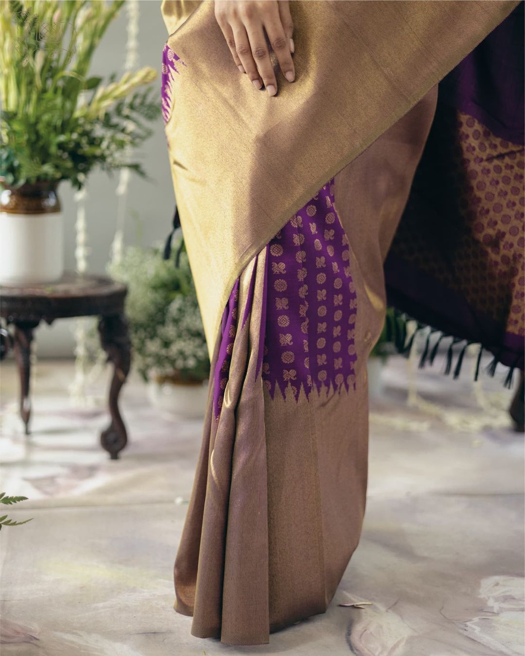 Purple Silk Saree with Gold & Brown Border