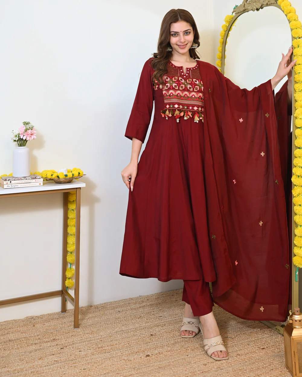 Designer Maroon Kurta Set with Dupatta & Pants