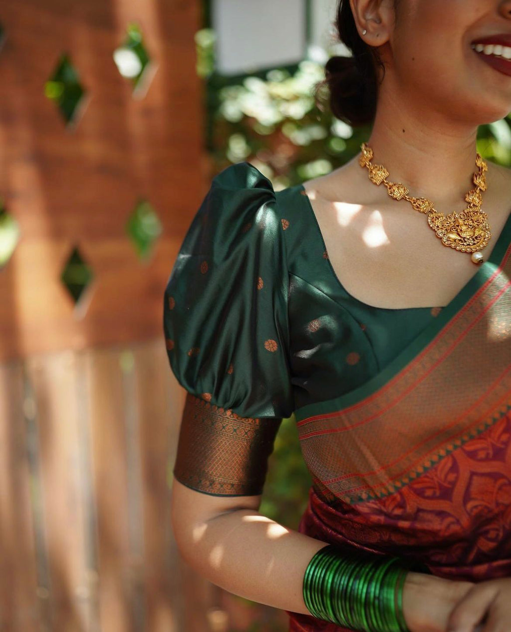 Brown Silk Saree with Rust & Green Accents