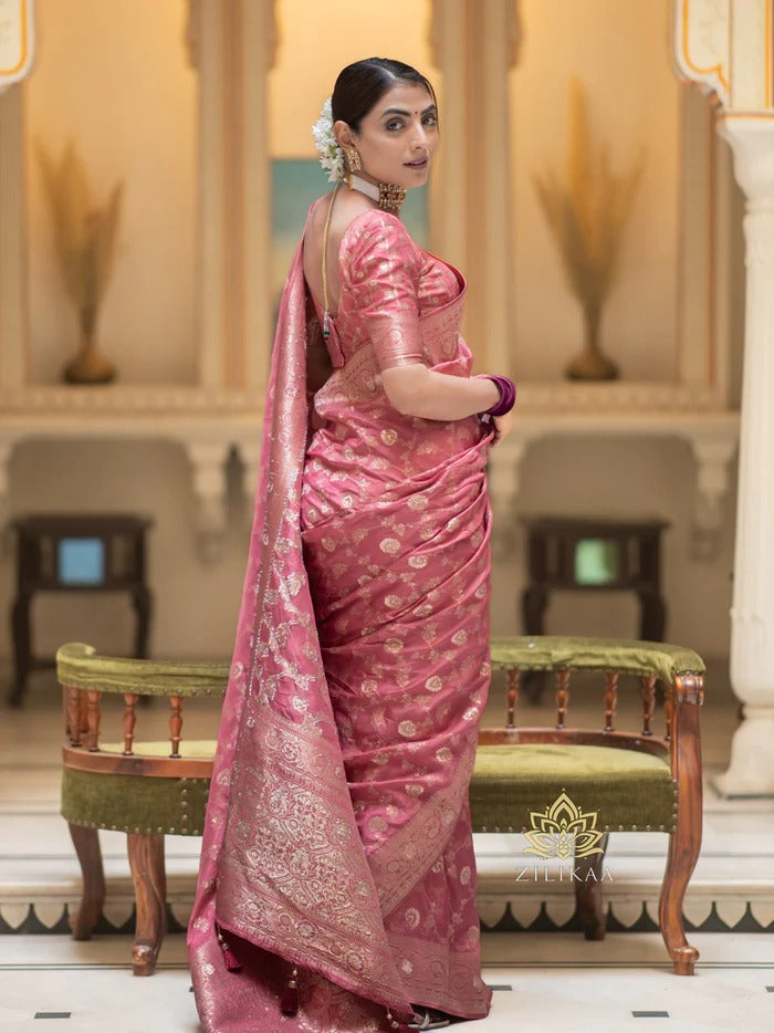 Dusty Rose Peach Silk Saree with Gold Zari Work