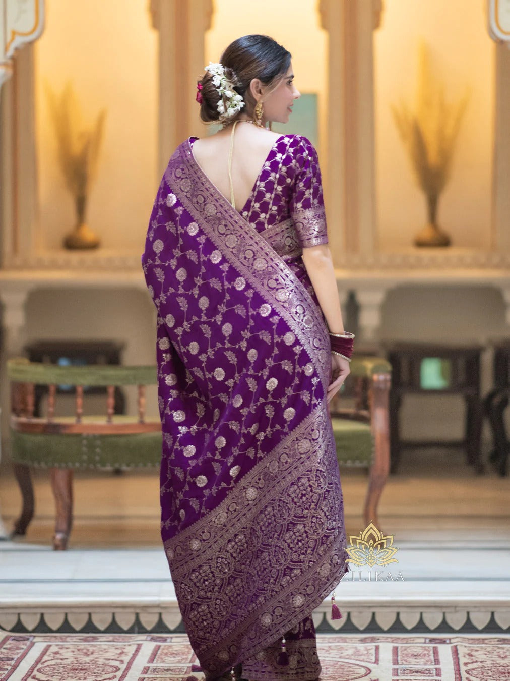 Royal Plum Purple Silk Saree with Gold Zari Work