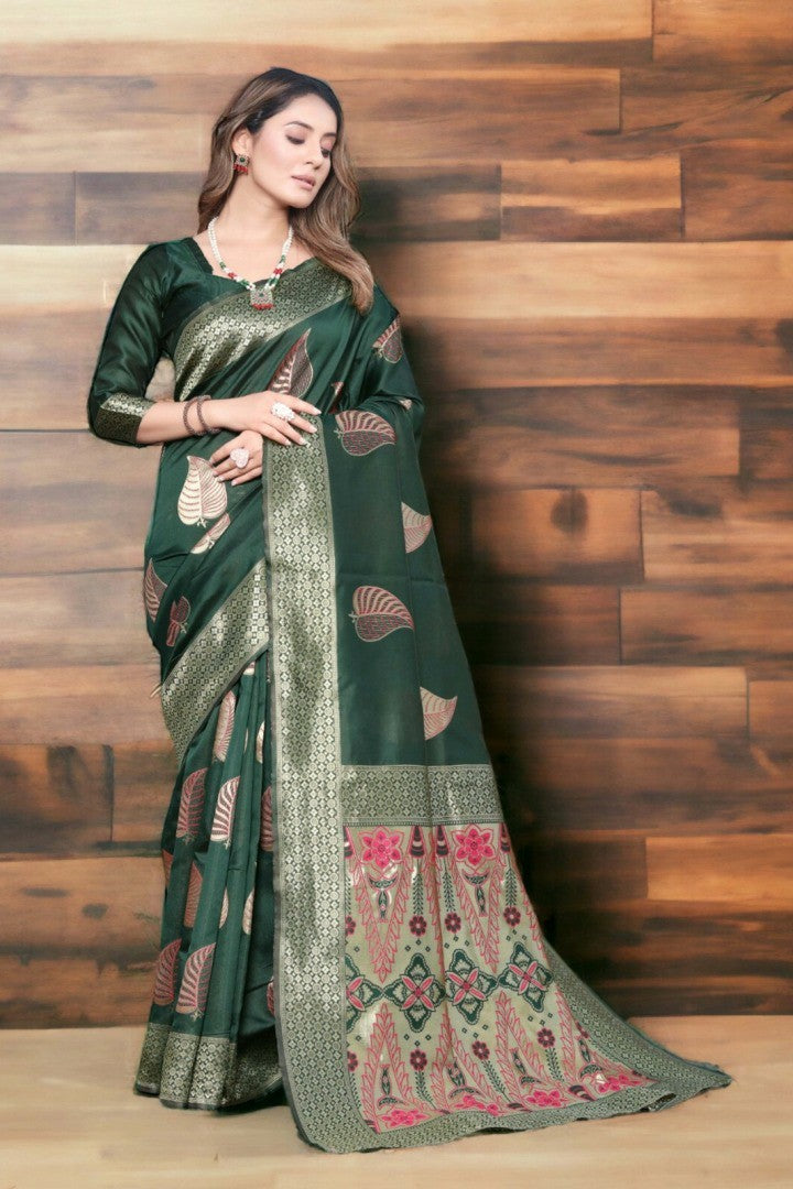 Dark Green Silk Saree with Gold Motifs & Floral Pallu