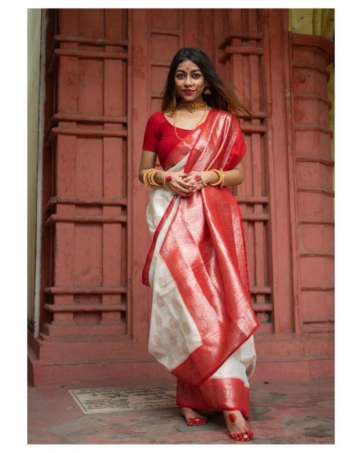 White Silk Saree with Red Border & Zari Work