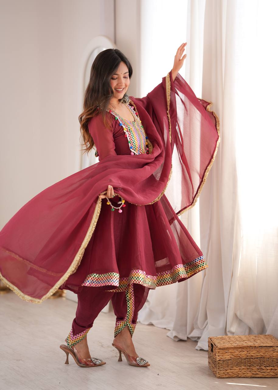 Maroon Anarkali Kurta Dhoti Pant Set with Lace & Pom-Poms