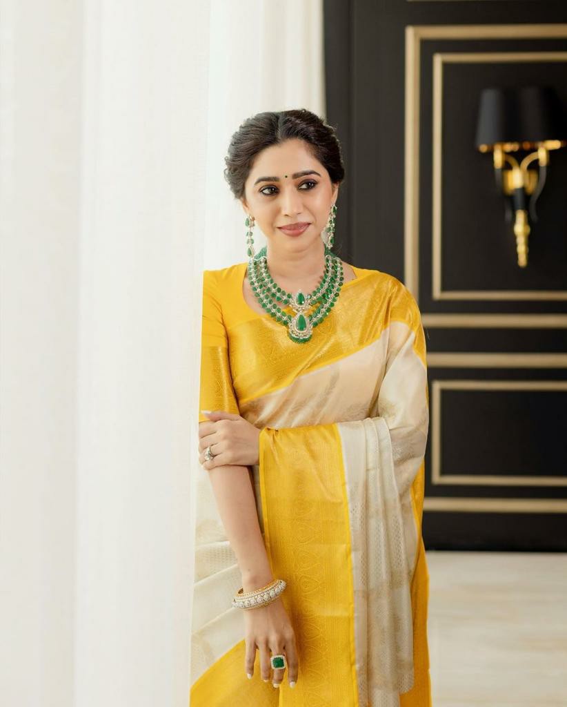 Yellow Silk Saree with Cream & Gold Border
