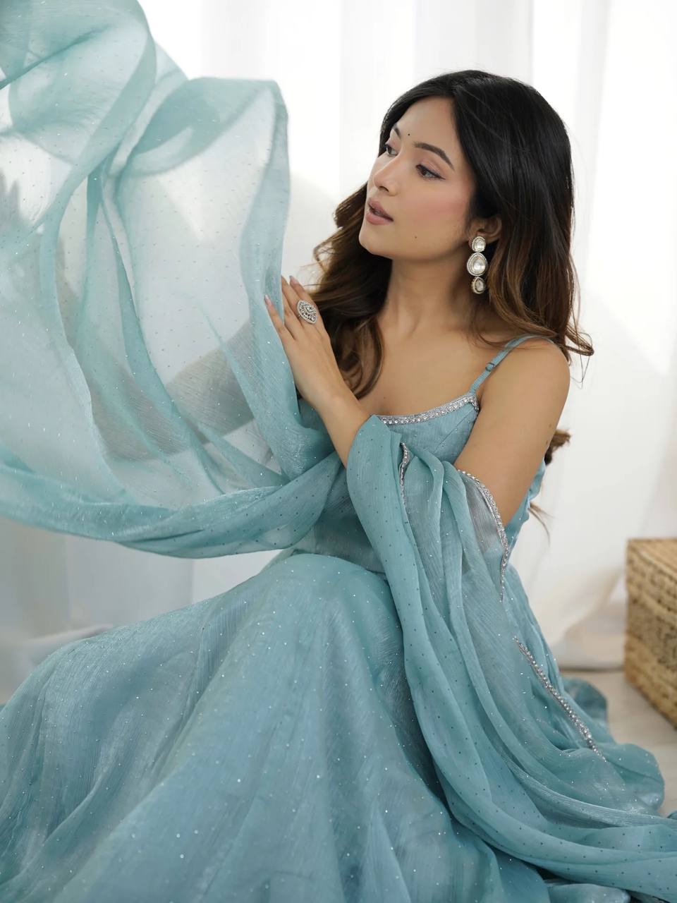 Ethereal Powder Blue Strappy Anarkali Kurti with Chooridaar & Light Sequined Tissue Dupatta Set for Women
