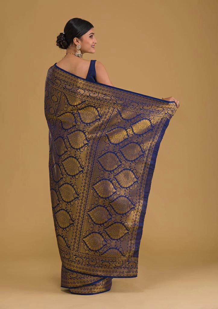 Navy Blue Banarasi Silk Saree with Gold Zari