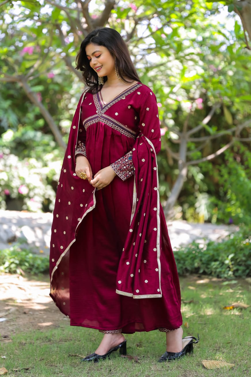 Festival Wear Chanderi Maroon Kurta Set