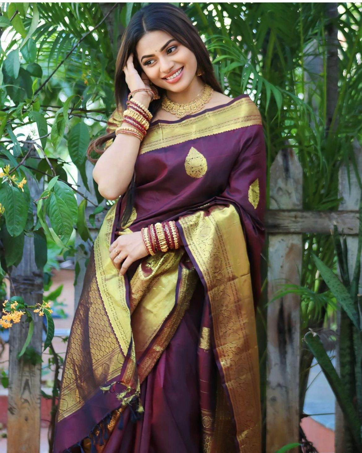 Wine Silk Saree with Gold Zari Border