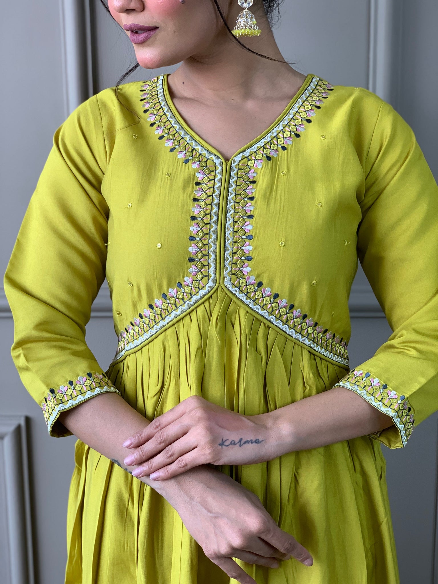 Lime Yellow Embroidered Anarkali Kurta Set