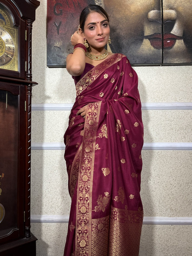 Wine Maroon Silk Saree with Gold Zari Work