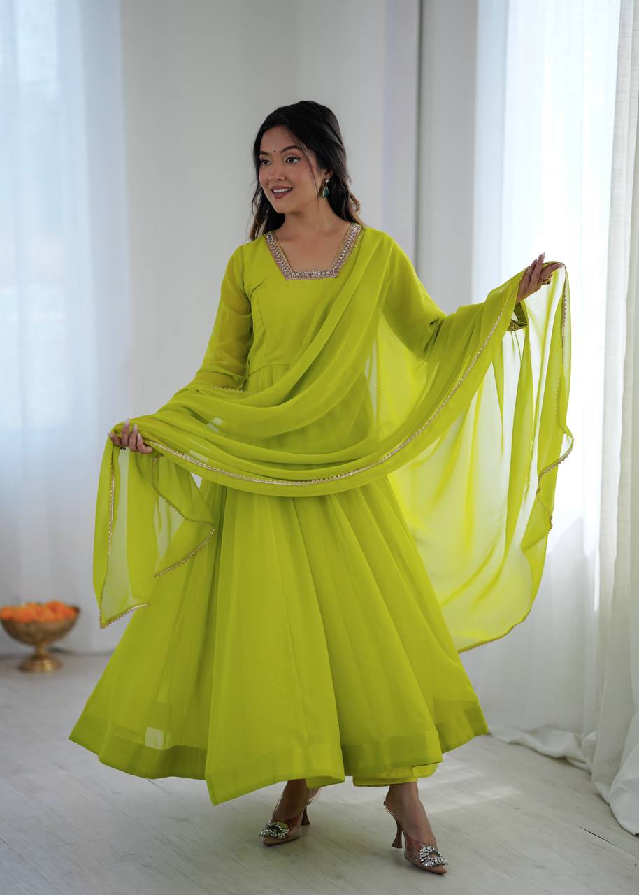 Lime Green Georgette Anarkali Suit Set with Embroidered Neck
