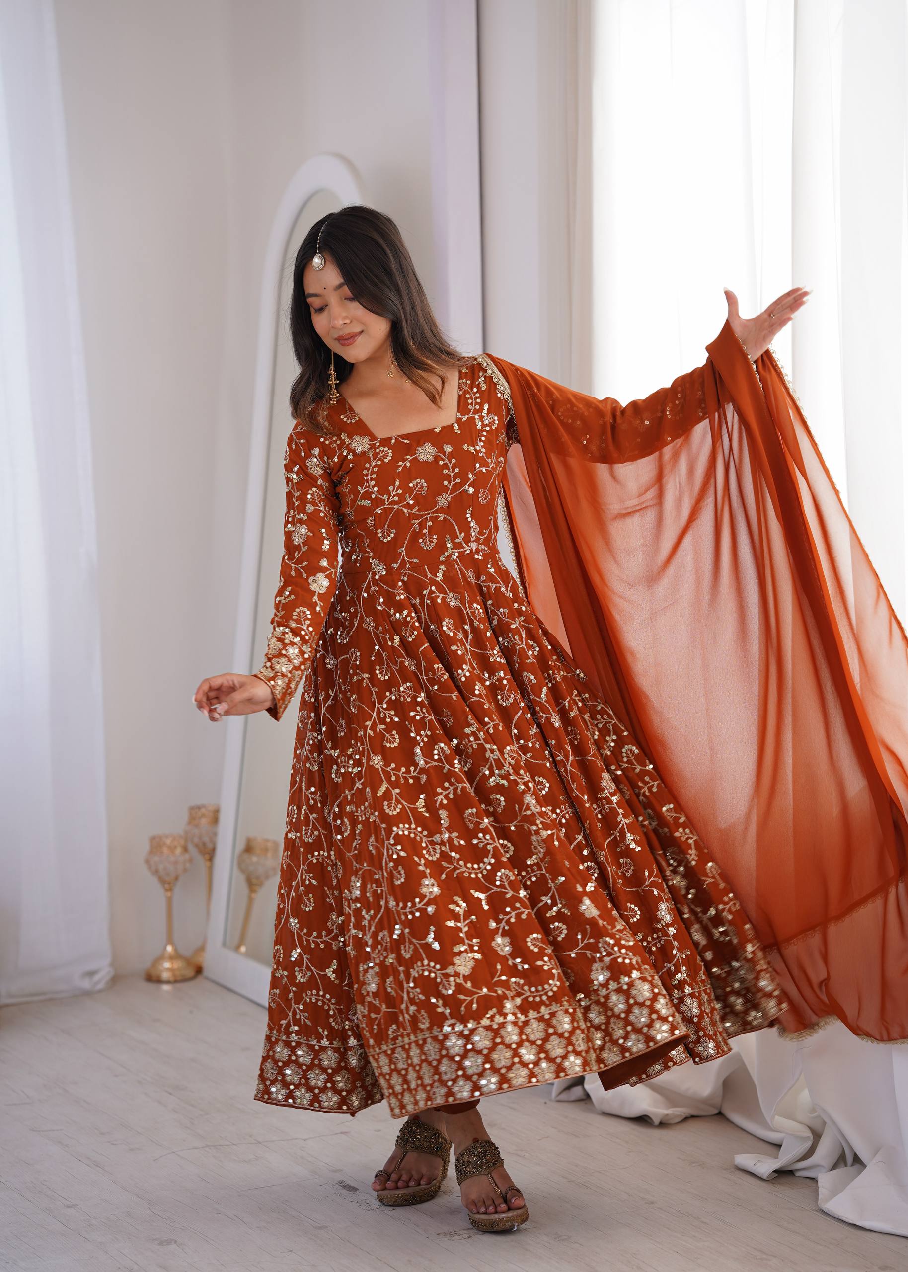 Rust Orange Sequined Floral Jaal Anarkali Suit Set with Georgette Dupatta
