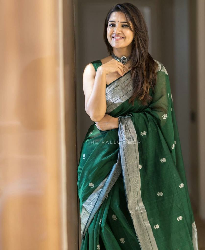 Elegant Linen Silk Saree with Metallic Border & Minimal Motifs