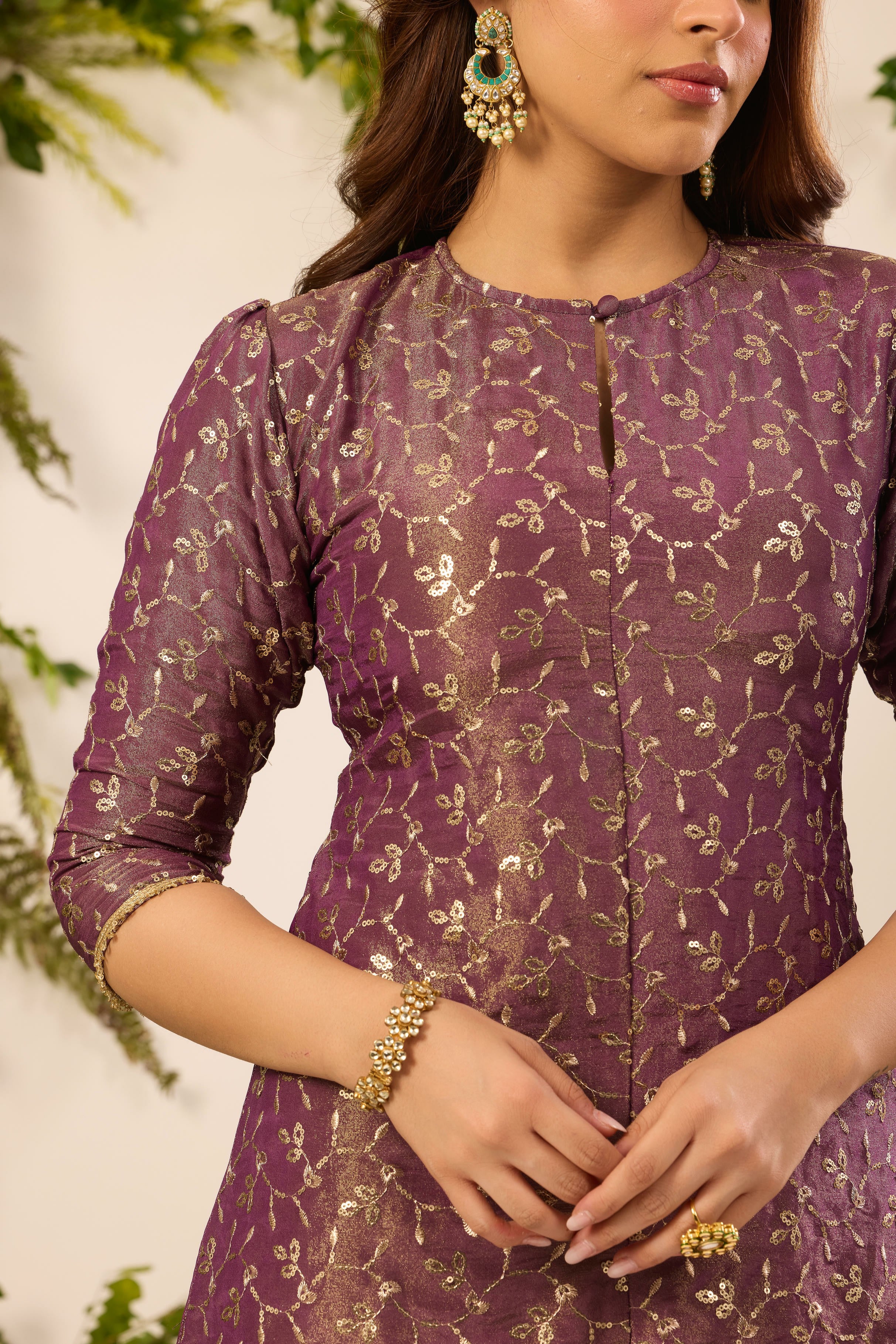 Elegant Purple Metallic Thread Embroidery Kurti with Wide-Leg Sharara Pants & Dupatta Set for Women