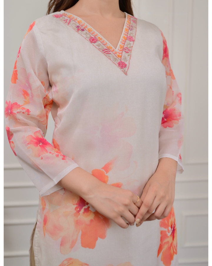 Off White Floral Print Organza Kurta Set