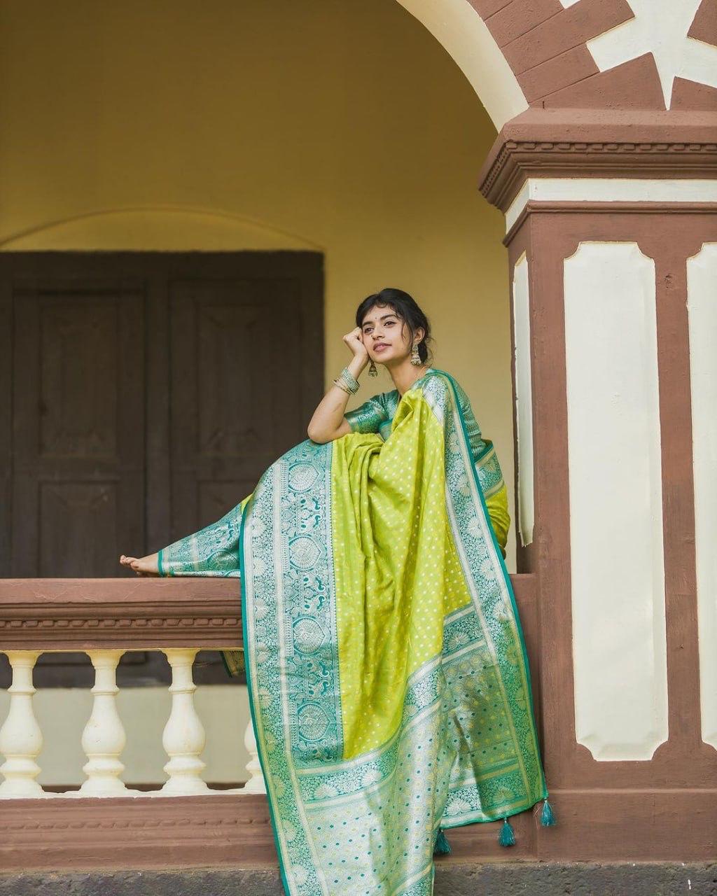Lime Green & Teal Silk Saree with Zari Border | Festive & Wedding Wear Saree for Women