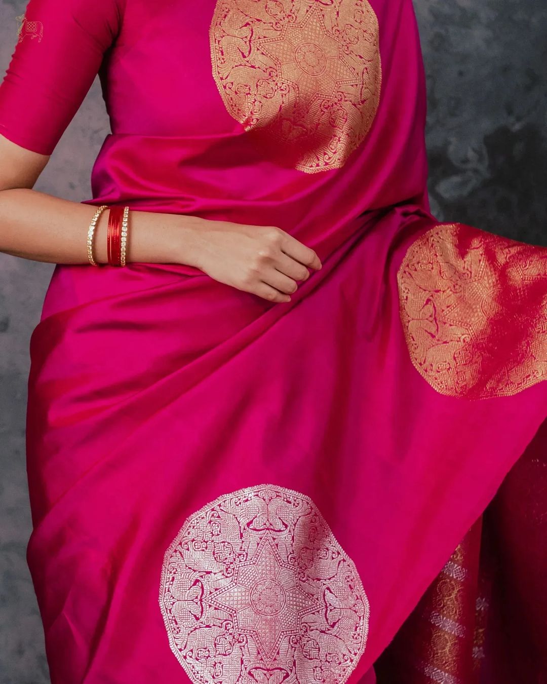 Rani Pink Banarasi Silk Saree with Gold Circular Motifs