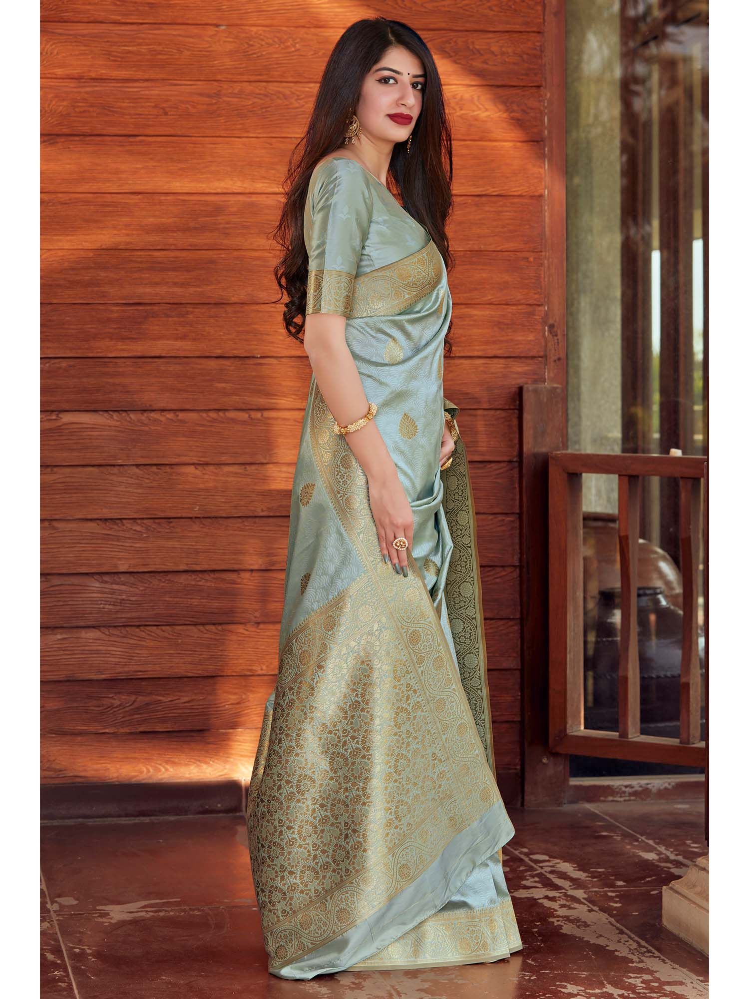 Pastel Mint Grey Silk Saree with Gold Zari Work