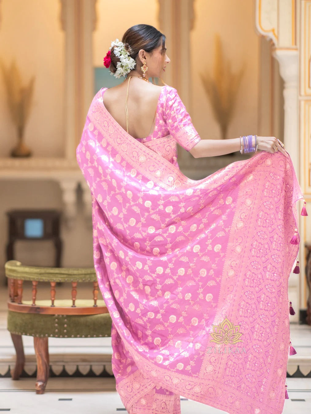 Baby Pink Silk Saree with Gold Zari Work