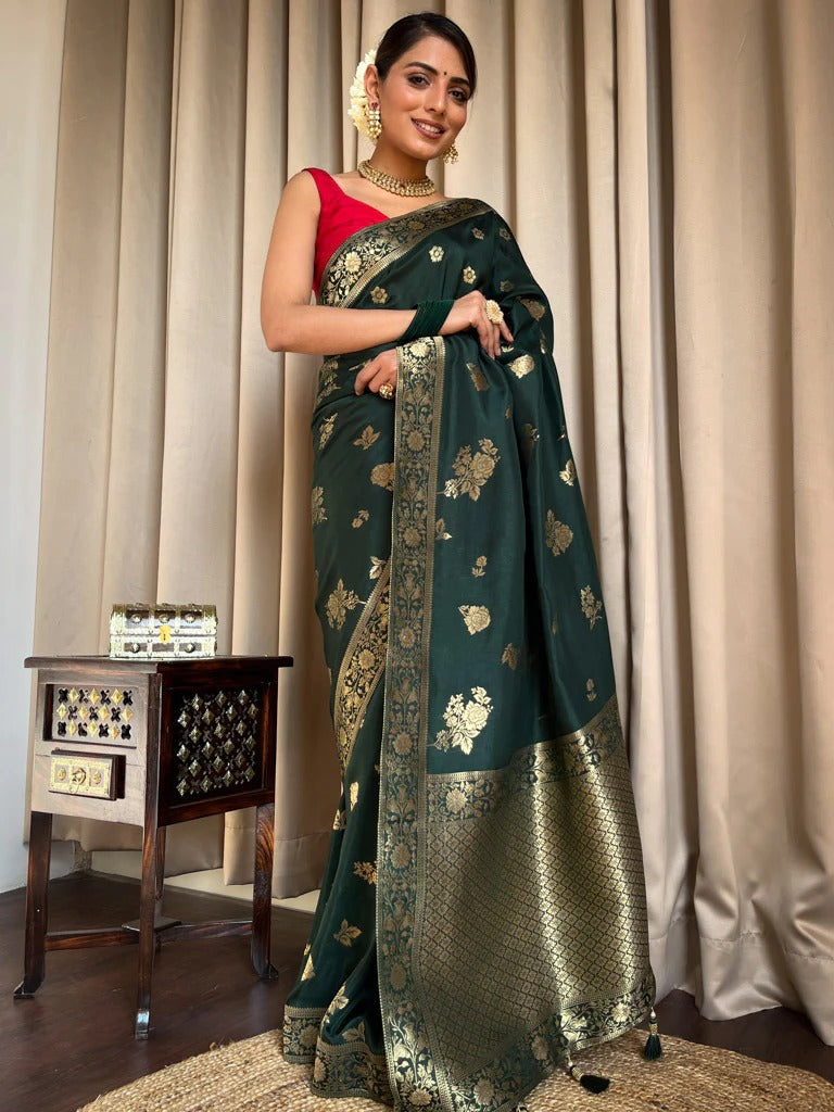 Dark Green Silk Saree with Gold Zari Work