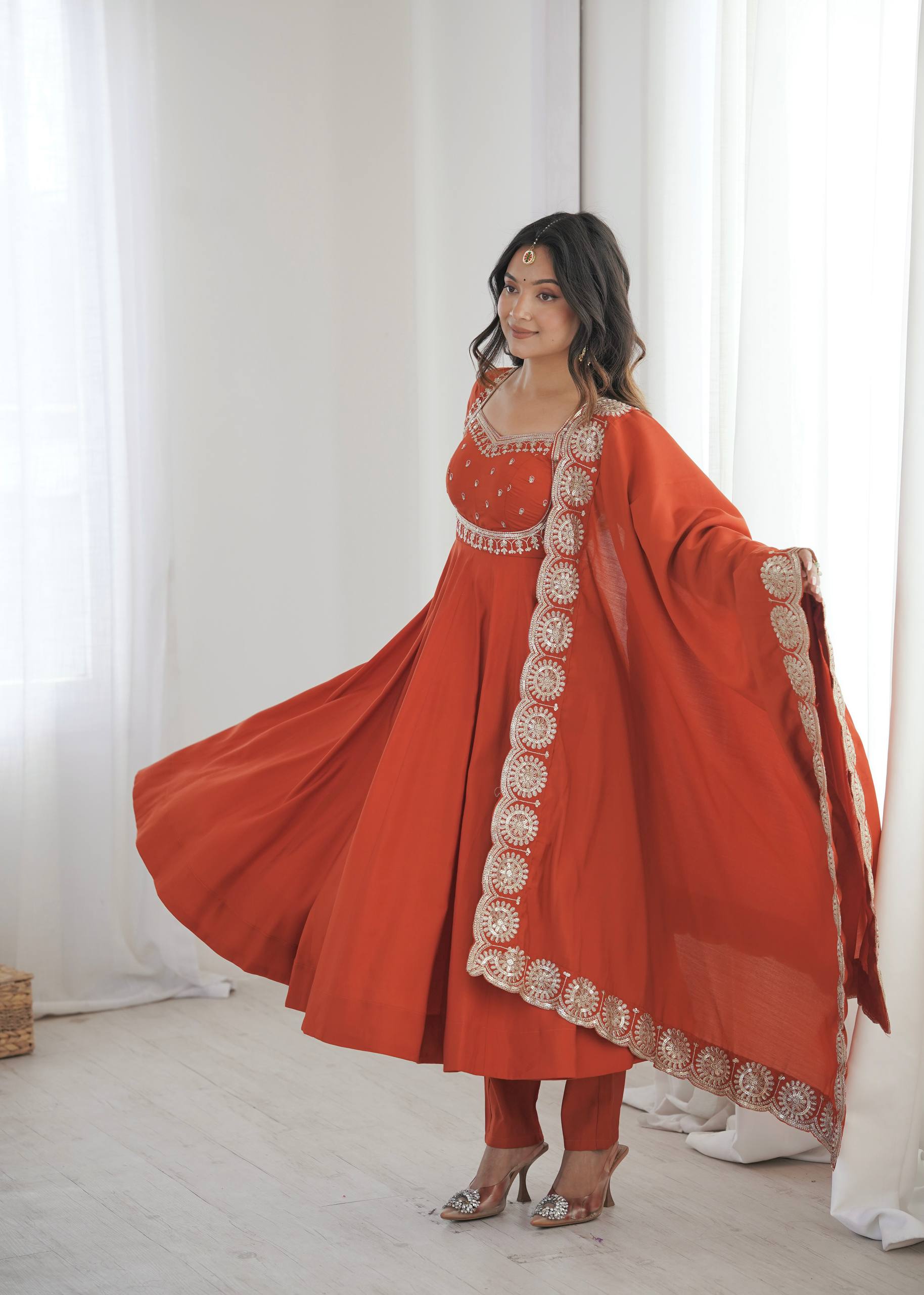 Rust Orange Georgette Anarkali Suit Set with Embroidered Bodice & Cutwork Dupatta