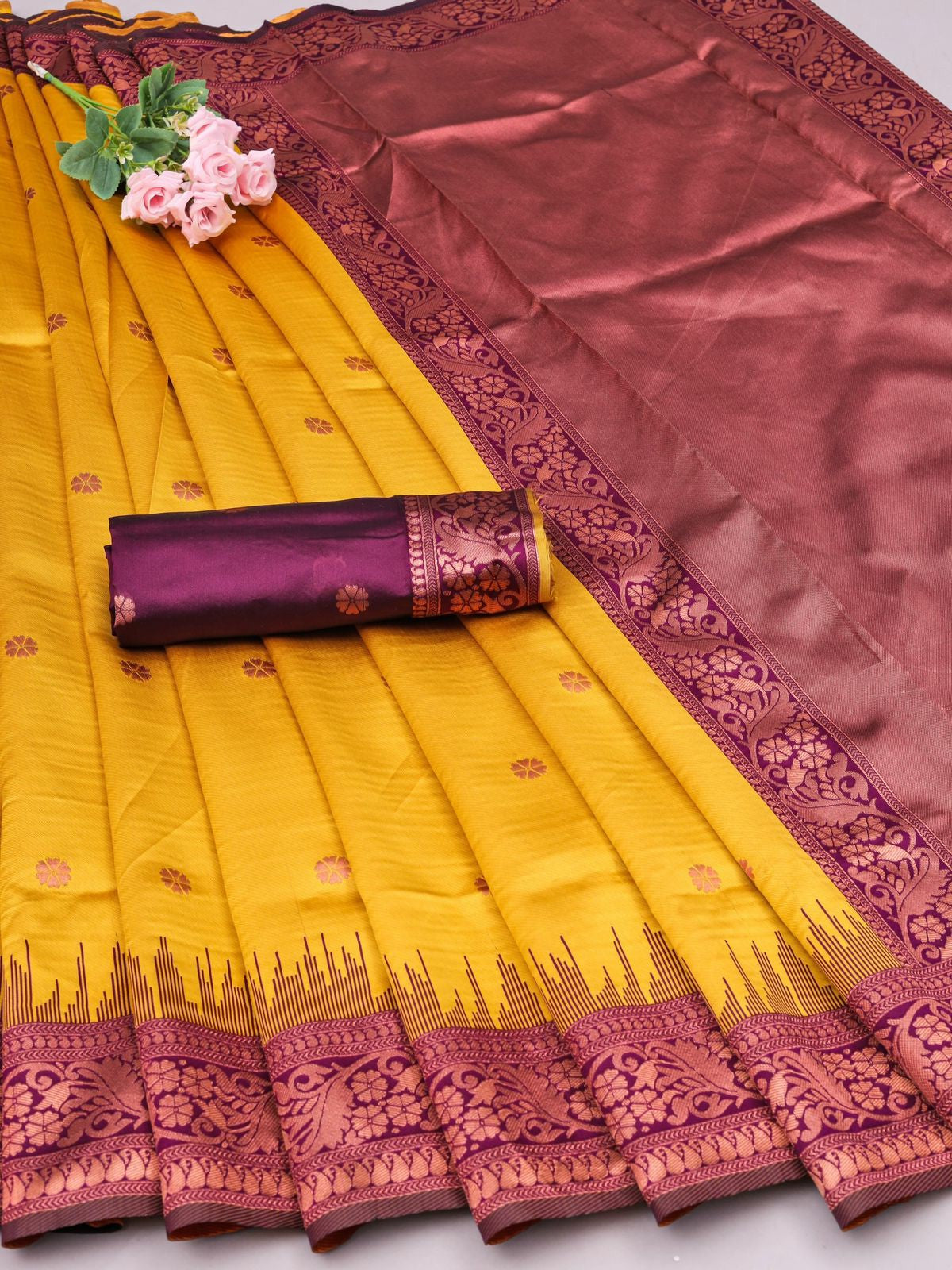Mustard Yellow Silk Saree with Purple Border