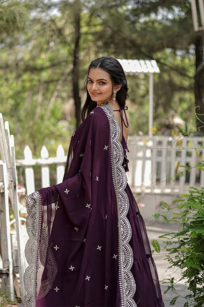 Dark Purple Anarkali Gown with Embroidered Dupatta for Women