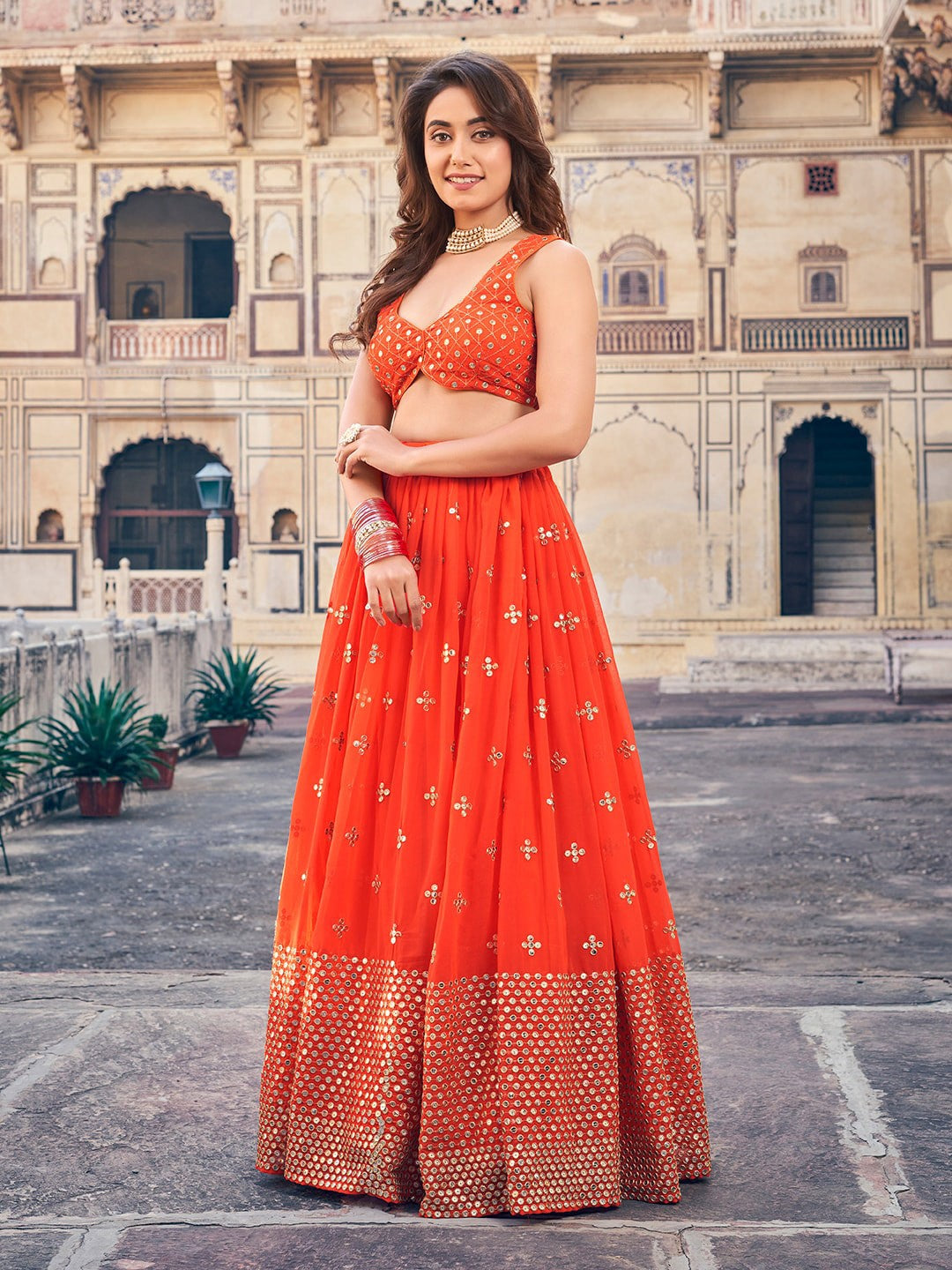 Orange Lehenga Set with Gold Embroidery