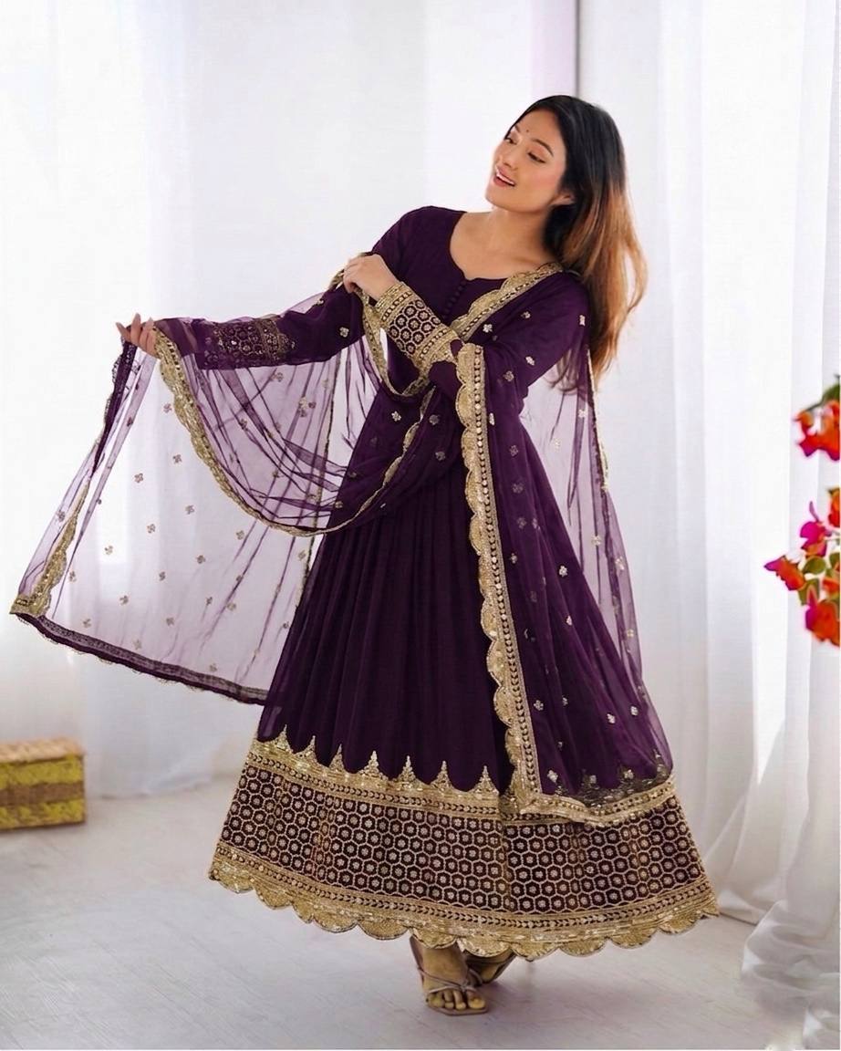 Georgette Anarkali Suit Set with Heavy Scallop Embroidered Border & Dupatta